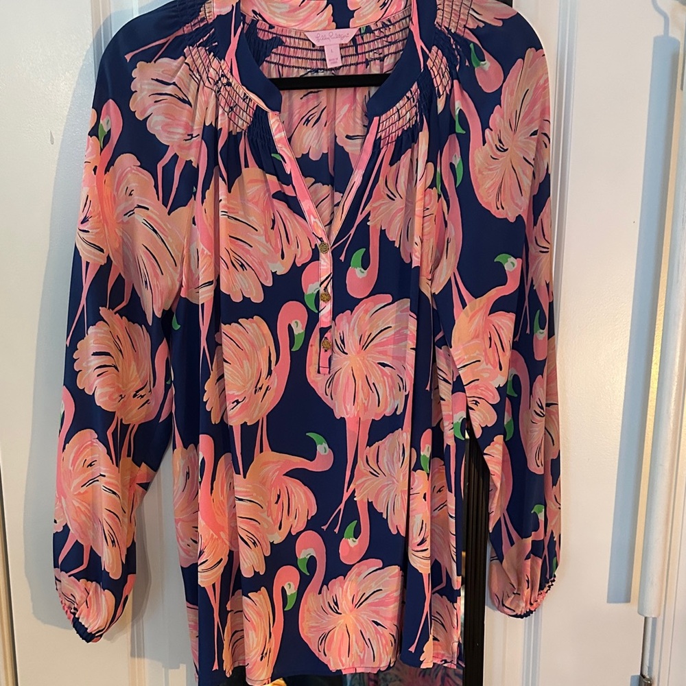 LILLY PULITZER “give me some leg” flamingo ELSA blouse EUC large